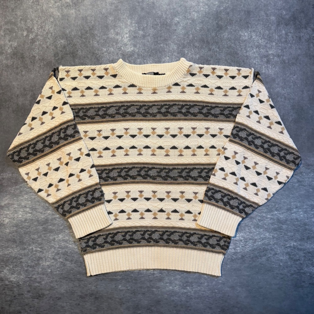 Vintage Expressions Mens M Geometric Tribal Knit Sweater Cotton Made in USA Vtg